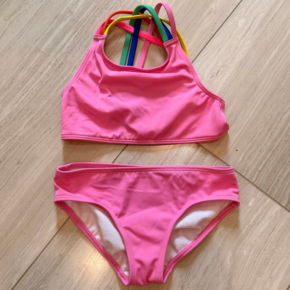 Mini Boden Rainbow Cross Back Bikini 2Pc Swim Summer Vacation Trip Pink 5-6 Y